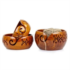 Rosewood Crafted Wooden Yarn Storage Bowl With Carved Holes & Drills | Knitti...