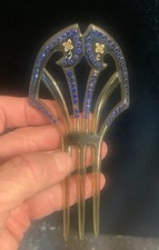 Vintage 1930 s Art Deco celluloid Faux Tortoise W/Blue Rhinestones Hair Comb