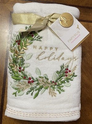 Papyrus Hand Towels Set/2 Happy Holidays Wreath Christmas Gold Embroidered White