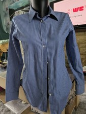 Chaps Women Blue Striped Collared Long Sleeve No Iron Button Blouse S