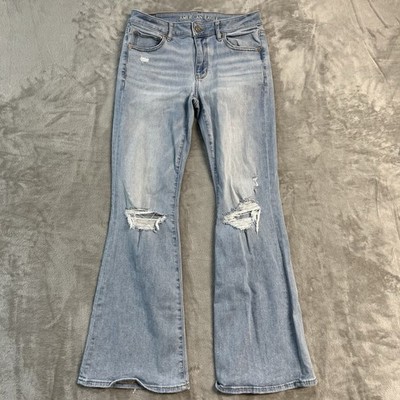 American Eagle Low Rise Flare Jeans Womens 6 Distressed Light Wash Stretch