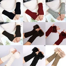 Women Winter Long Half Finger Fingerless Gloves Arm Hand Warmer Knitted Mittens