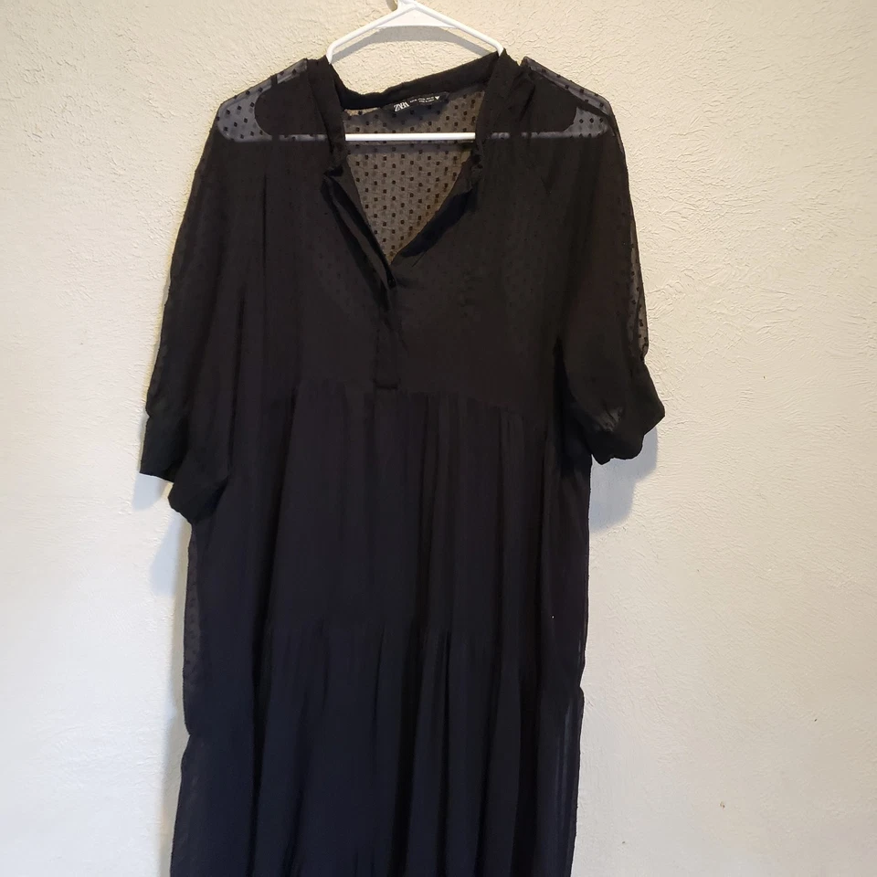 Zara Swiss Dot Long Sleeve Tiered Smocked Maxi Dress Black X Large - Image 3 of 4