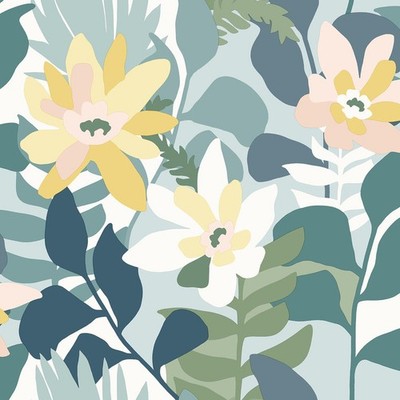 FD26456_Seychelles Layered abstract blooms Blue Yellow Fine Decor Wallpaper