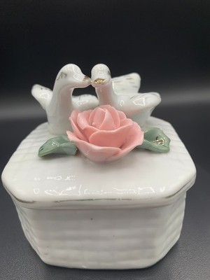 Ceramic Octagonal 2-White Dove With Pink Rose Trinket Box