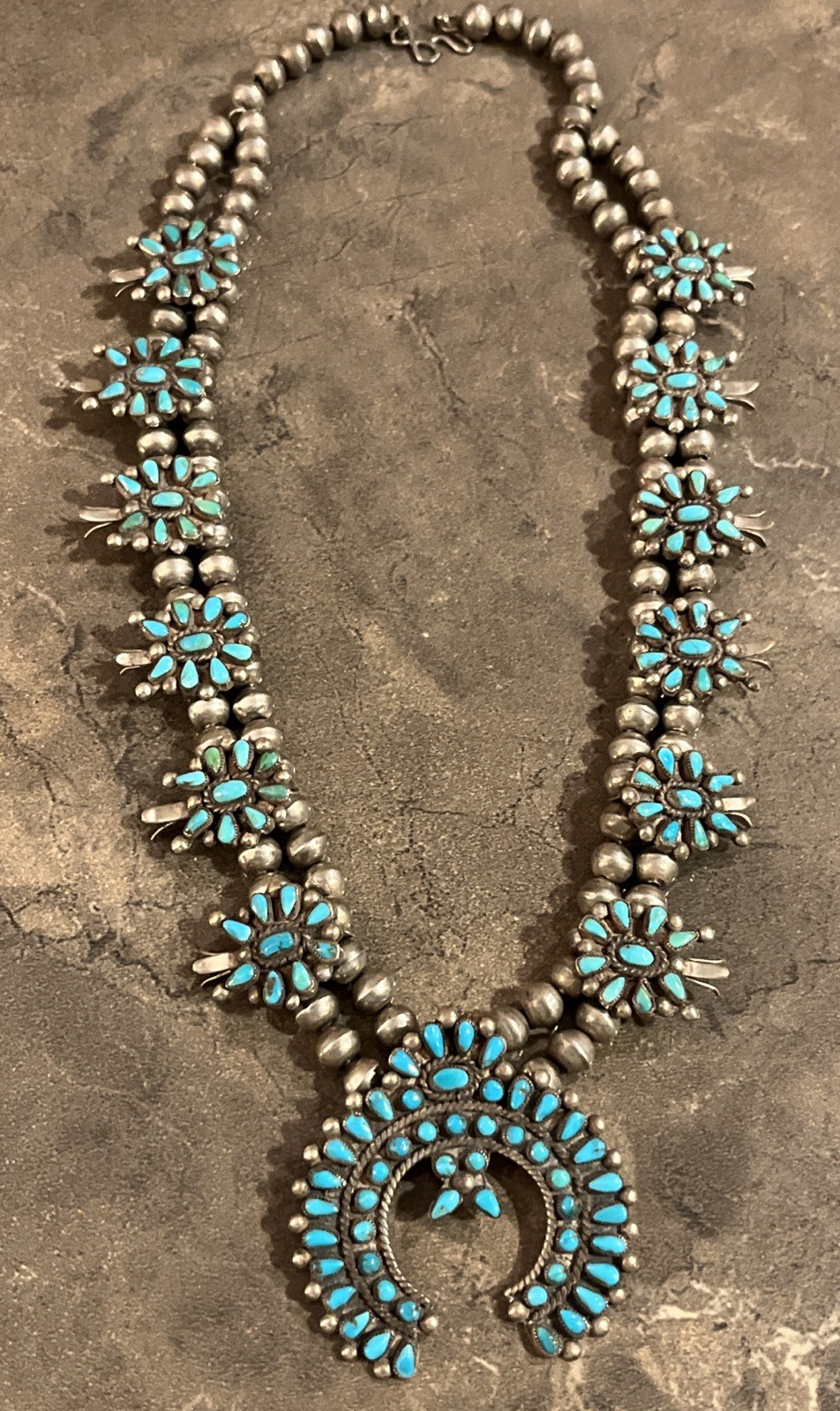 Vintage 1950's Era Zuni Squash Blossom Necklace - Gem