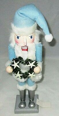 COASTAL CHRISTMAS NUTCRACKER 15'' SANTA IN BLUE SANTA SUIT W/ STARFISH WREATH
