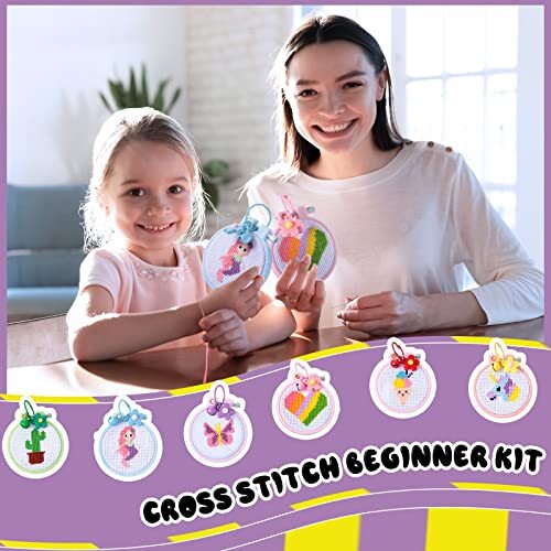 6 Sets Cross Stitch Beginners Kits for Kids 7-13, Embroidery Stamped Cross 