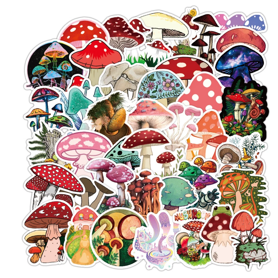 50pcs Mushroom Stickers Pack Decal Vinyl Outdoor Fungi Scrapbooking Wild Nature