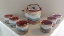 Peaceful Otagiri Tea Set Ceramic Teapot  Six 6 Cups Made in Japan Blue Brown