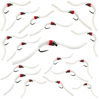 Squirmy Wormy 18 Pc Set White - Barbless Wet Worm Fishing Flies - Trout Bluegill