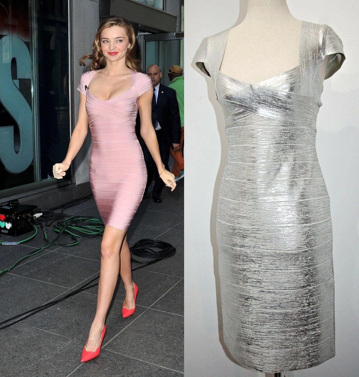 HERVE LEGER CAP SLEEVE SILVER-FOIL BANDAGE DRESS 37 LONG sz L $1090