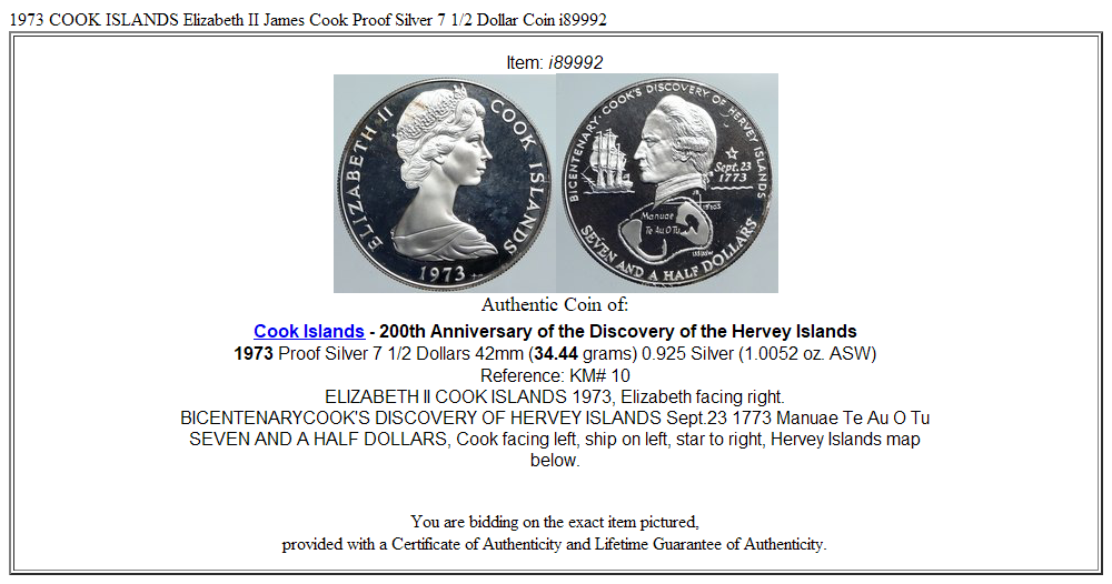 1973 COOK ISLANDS Elizabeth II James Cook Proof Silver 7 1/2