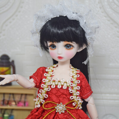 Beautiful 1/6 BJD Doll with Red Dress Black Hair Elf Ears Doll Lifelike Female