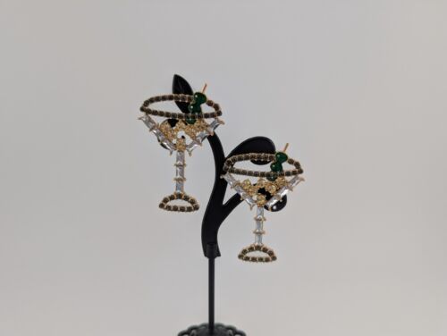 Gold Tone Large Multicolor Glass Rhinestone Cocktail Drink Pierced Earrings - Picture 2 of 9