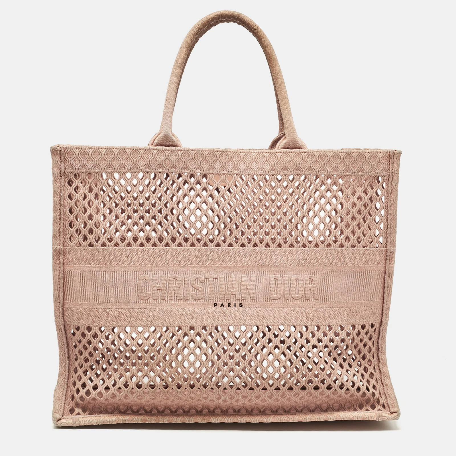 Grand sac fourre tout Dior ancien en toile brodée résille rose
