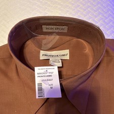 Pronto Uomo Men s Brown Solid Cotton Non-Iron Modern Fit Dress Shirt M 34/35
