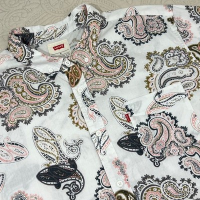 LEVIS STRAUS Men's Paisley Shirt Sleeve Button Up All Over Print XL White Pink