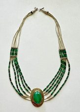 Multi-Strand Green Bead Choker Necklace with Sterling Silver Malachite Clasp, 16 inches