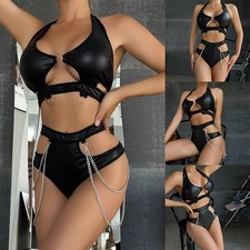 Women's Black Faux Leather for lingerie Set with Bra Cutout and Chain Briefs