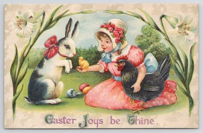 c1910s Easter Joys Girl Shows Bunny Baby Chick Chicken Colored Eggs Postcard