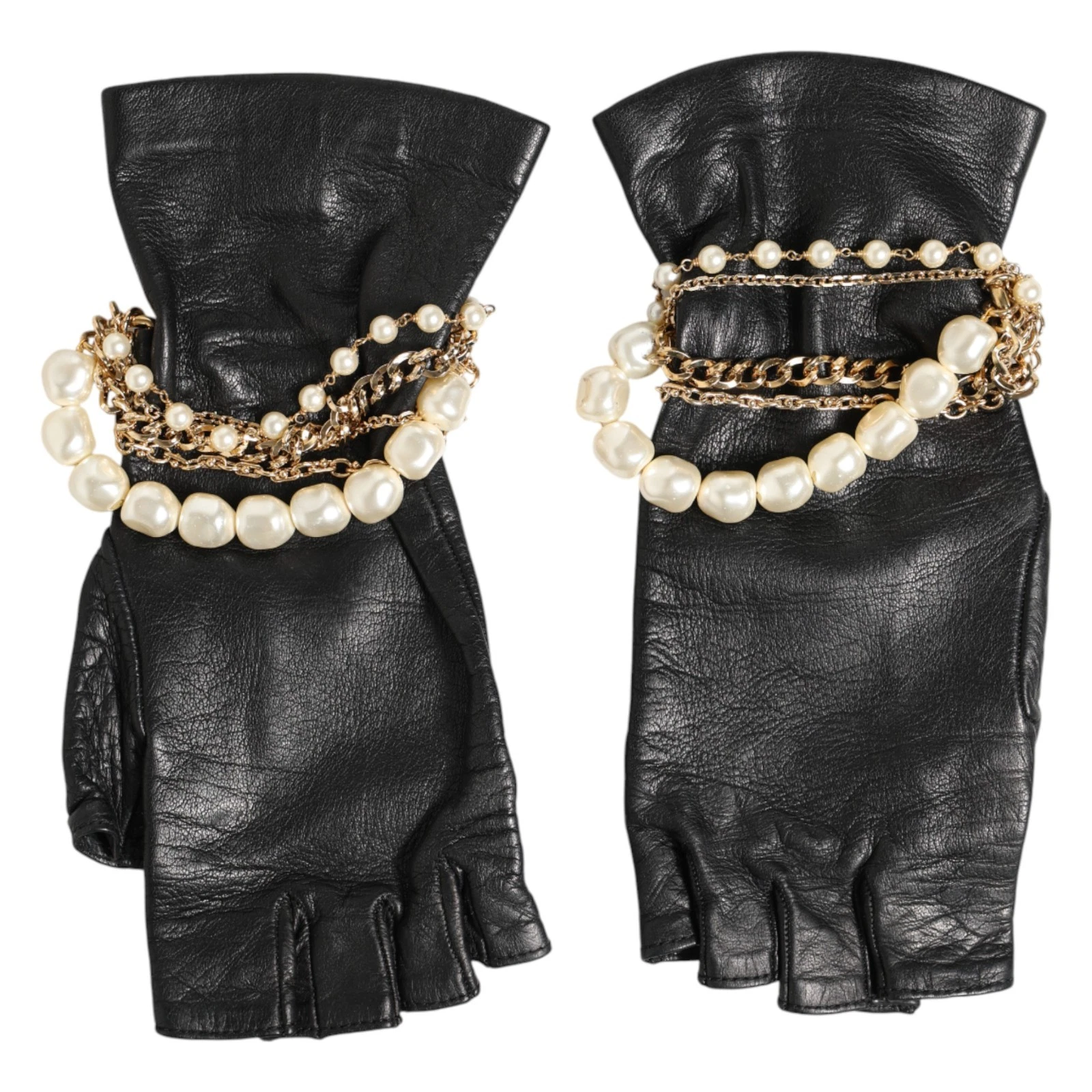 DOLCE & GABBANA Gloves Black Pearl Embellished Wrist Length Mitten s. 7.5 / M