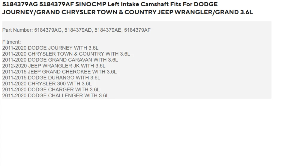 Árbol de levas de admisión izquierdo 5184379AG 5184379AF SINOCMP apto para Dodge Journey/Grand... Foto 3 de 3
