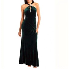 Eliza J Women Dress Size 12 Green Velvet Halter Rhinestone Encrusted Tie Gown
