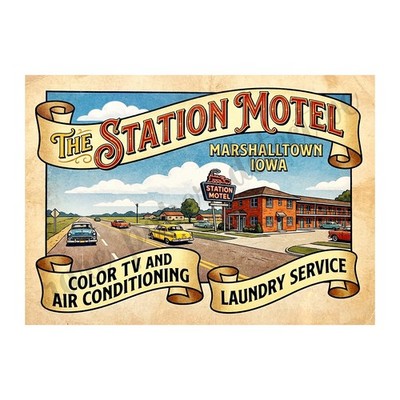 Luggage Motel Sticker Label, Marshalltown Iowa, Exclusive Retro Design 5'' x 7''