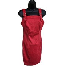 No Boundaries Juniors Overall Dress sz M Red Mid Length Buckles Pleated