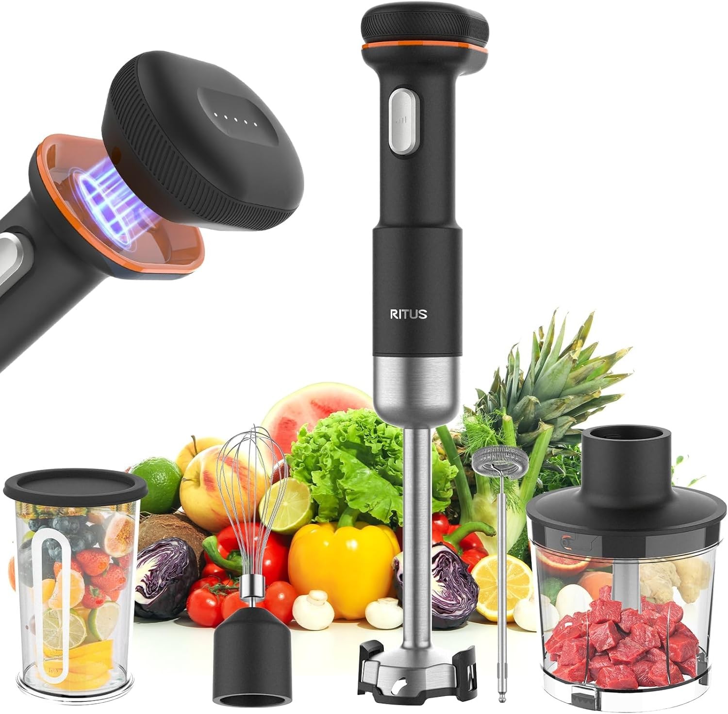 Cordless Immersion Blender 5-in-1, 13000RPM, Beaker, Chopper, Whisk, Frother