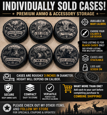 Screw Lids - Hunting Series - Laser Etched Ammo Case - Choose Caliber - Black
