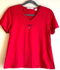 Vintage Tommy Hilfiger V-Neck Red Tee Shirt Women's Large USA Made 90's Y2K