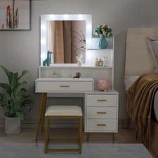 9 Led Lights Vanity Set Makeup Table Woman Dressing Dresser Desk with 4 Drawer