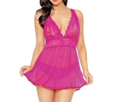 Seven ‘til Midnight Floral Lace Babydoll 1X Pink Sheer Racer Back Adjustable