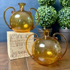 Vintage PAIR Delicate Blown Amber Art Glass Vase Bottles w/ Applied Handles 4.5"