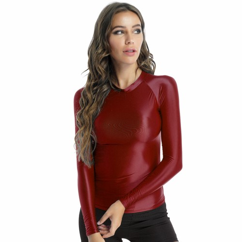 Women's Shiny Shirts Long Sleeve Crop Top Stretchy Slim Fit Yoga T-shirt Blouse - Picture 40 of 101