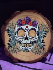 Painted Wooden Slice with Skull