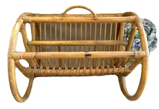 Vintage Tiki Magazine Rack; Bent Bamboo Rattan Holder Basket, 18"