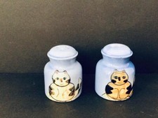 HAND PAINTED BLUE SALT & PEPPER POTS / SHAKERS - CAT DESIGN