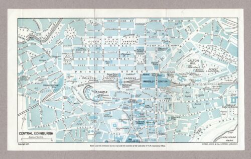 1960 Vintage Folding Guide Map of Central Edinburgh Scotland 11.5" x 6.75" - Afbeelding 1 van 3