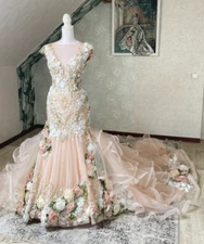 Blush Pink Mermaid Floral Wedding Dresses White 3D Flowers A Line Bridal Gowns