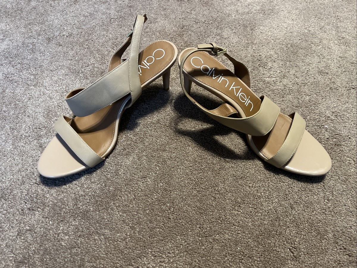 NEW Calvin Klein High Heel Leather Sandals Lancy Tan Open Toe Size