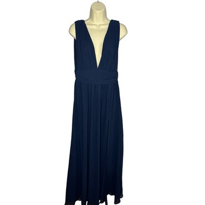Lulu's Heavenly Hues Navy Blue V Neck Maxi Dress Bridesmaid Woven Prom L  New | eBay