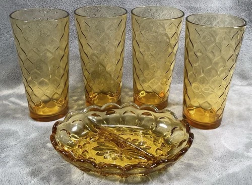 Vintage Anchor Hocking Amber Honeycomb 12oz Tumblers Set of 4 + Relish Tray