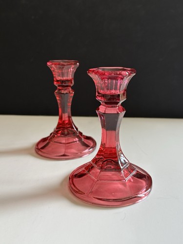 Cranberry Indiana Glass Co Pair Candlestick Holders 4.5” Hexagon - Picture 6 of 24