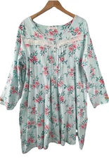 Carole Hochman Nightgown Plus Size 3X Womens Aqua Pink Floral Cotton Long Sleeve
