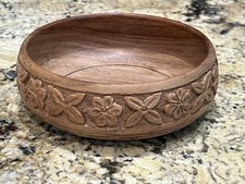 Wooden Hand Carved Trinket Bowl Flowers