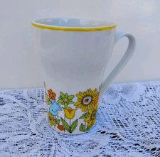Stylecraft Japan #1261 1970's Mug Colorful Flowers Birds Yellow Rim Replacement