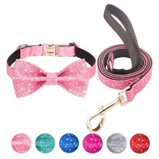 Bling Bow Tie Dog Collar and Leash Set Cute Pink Girl Dog Collar with 5ft Lea...
